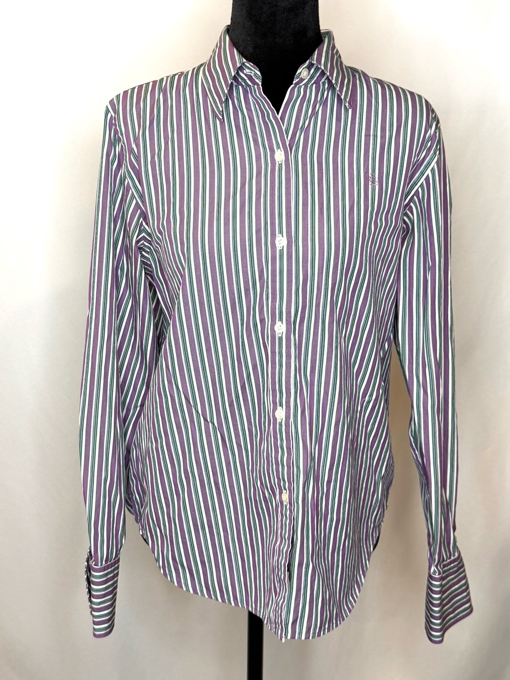 Women’s Ralph Lauren Button-Down Stripe Shirt in Purple, Green & White
